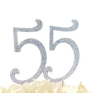 Rhinestone Cake Topper - Number 55 - Silver Metal with Czech Rhinestones